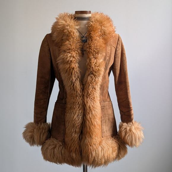 Vintage Rusty Orange Suede Penny Lane Jacket Leather Trench Coat Fur Coat Small - Picture 9 of 10